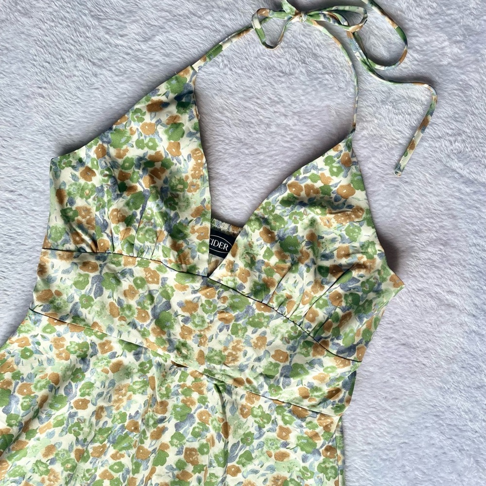 **NWOT** CIDER, (Size S) “Bottomless Mimosas” Green Floral Halter Mini Dress - Picture 8 of 10